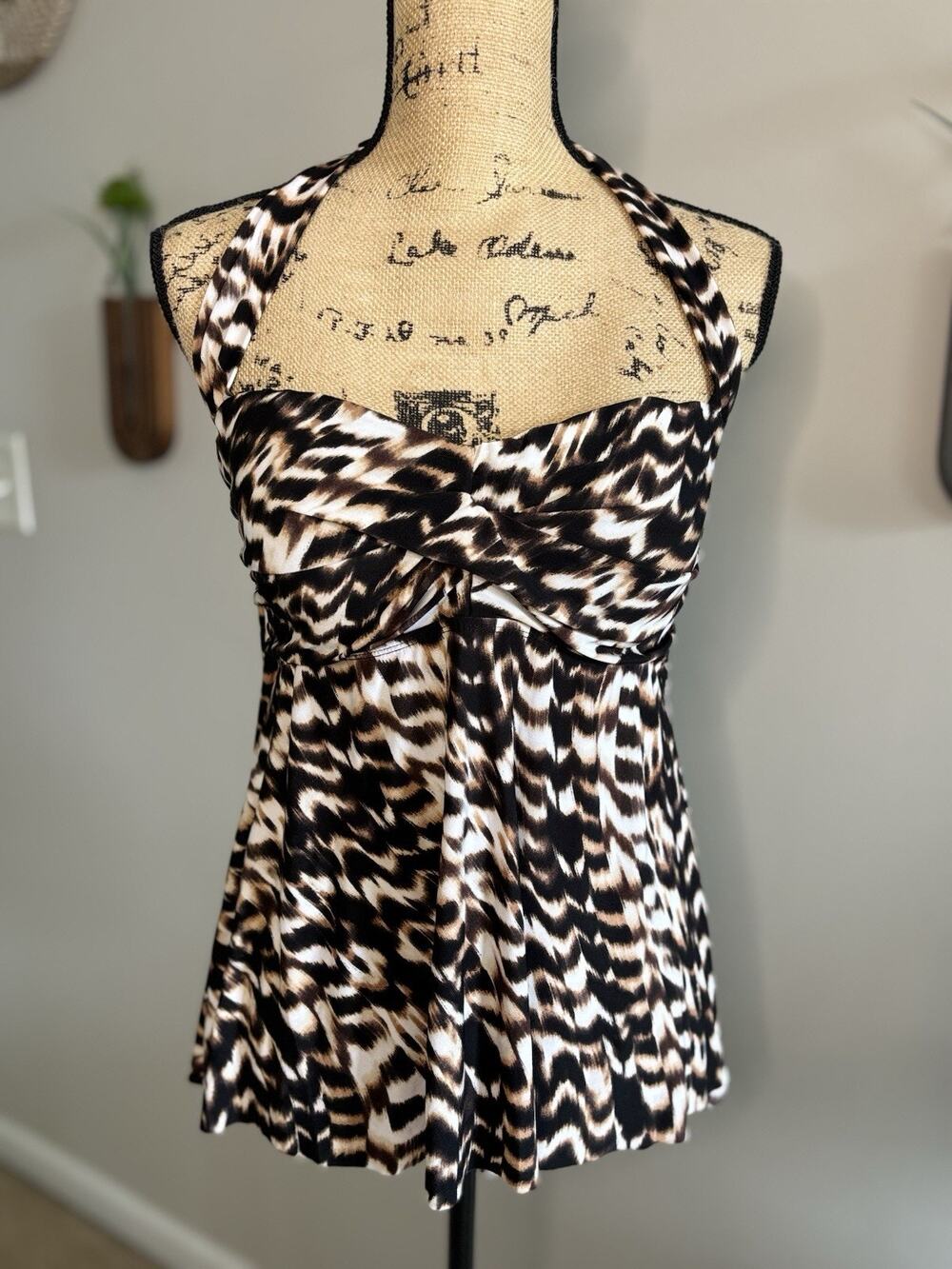Aqua Green - Animal Print Tankini Swim Top Halter Style - Large with Twist Bust